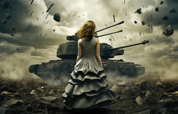 The wreckage, girl, clouds, stones, war, back, dust, dress