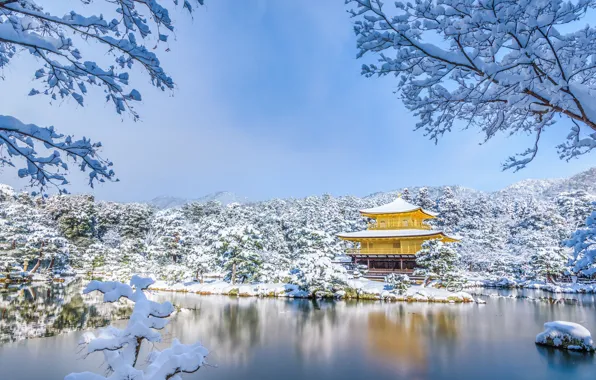 Picture winter, snow, trees, pond, Park, Japan, temple, Japan