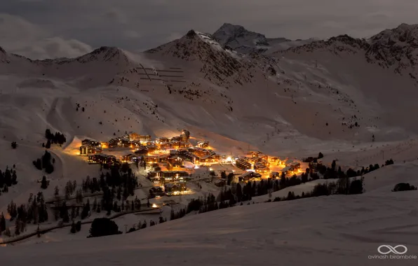 Picture winter, snow, landscape, mountains, night, lights, valley, resort