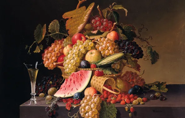 Berries, picture, watermelon, strawberry, grapes, still life, Paul Lacroix, Summer Abundance