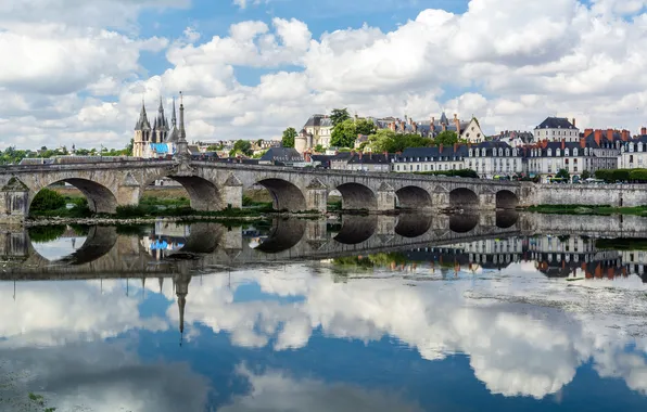 Clouds, bridge, the city, river, the reflection in the water, Loire, Blois