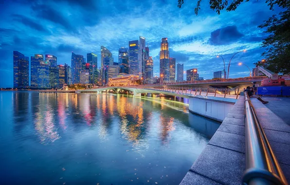 Bridge, building, Bay, Singapore, night city, promenade, skyscrapers, Singapore