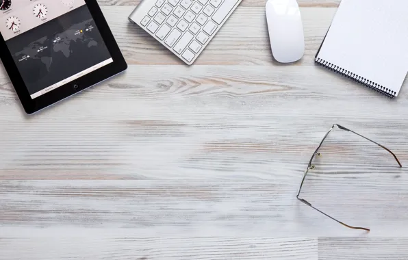 Glasses, table, tablet, keyboard