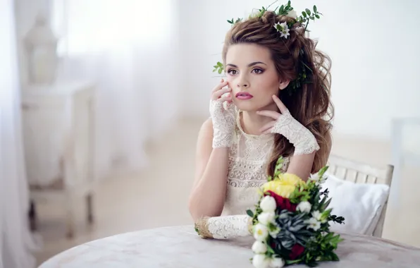Look, girl, flowers, hairstyle, gloves, waiting, lace, phographer