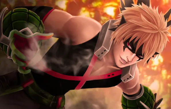 Anime, mask, art, guy, Boku no Hero Academy, My hero Academy, Bakuga Katsuki, battle suit