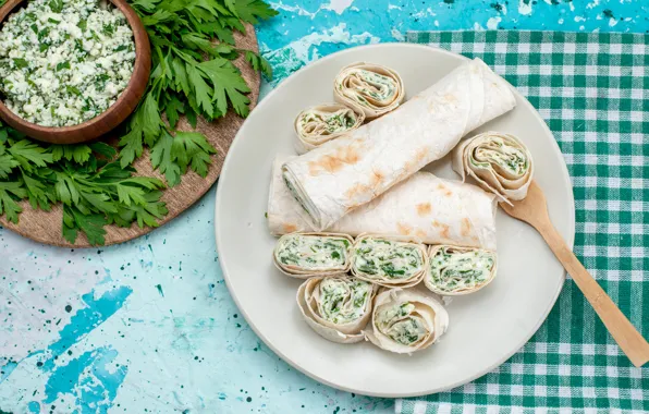Greens, pancakes, parsley, cheese, filling