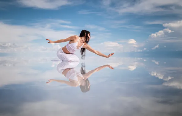 The sky, water, girl, pose, reflection, mood, dance, hands