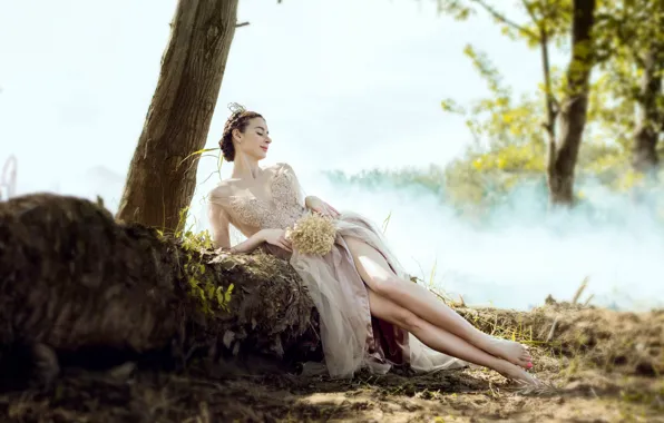 Picture girl, nature, pose, smoke, figure, dress, legs