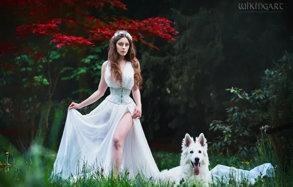 Girl, nature, pose, style, dog, makeup, costume, outfit