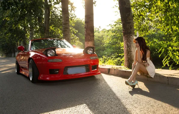Girls, Asian, beautiful girl, red car, posing on the car, Mazda MX5