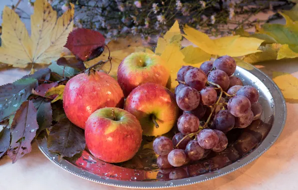 Picture leaves, berries, Apple, grapes, fruit