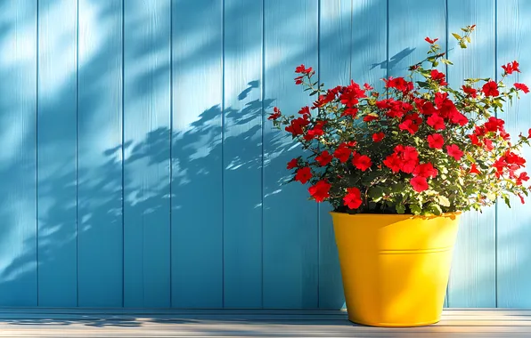 Summer, light, flowers, wall, Board, bouquet, bucket, red