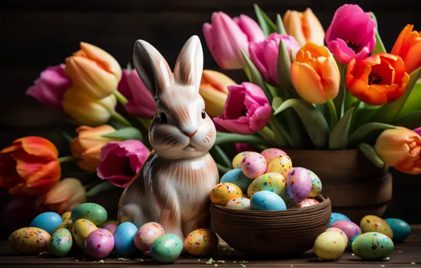 Flowers, the dark background, toy, Board, hare, eggs, bouquet, spring