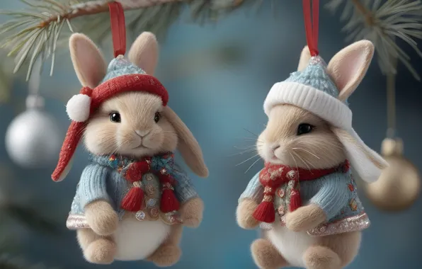 Toys, Christmas, rabbits, New year, rabbits, Christmas decorations, bunnies, hang