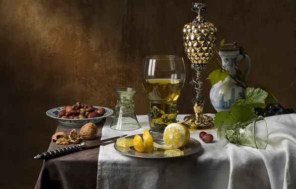 Wine, lemon, glass, grapes, nuts, still life, olives