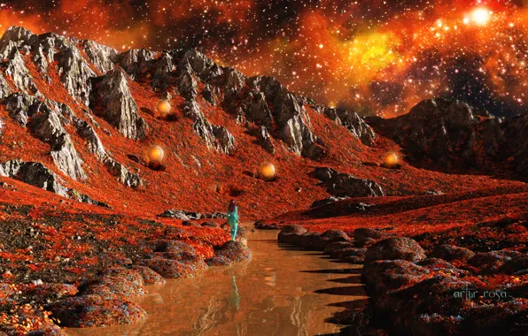 Girl, balls, planet, stars, nest
