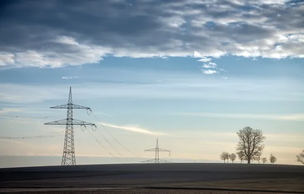 Field, the sky, power lines