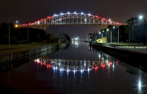 Night, bridge, lights, river, Canada, Ontario, Sous-Sainte-Marie
