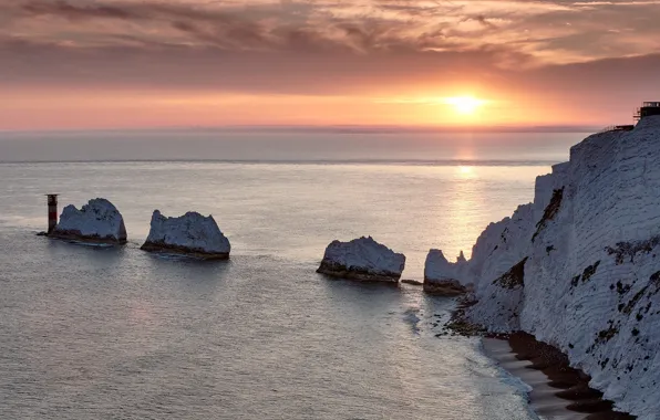 Sea, sunset, rocks, England, England, The Isle Of Wight, Isle of Wight, The Needles