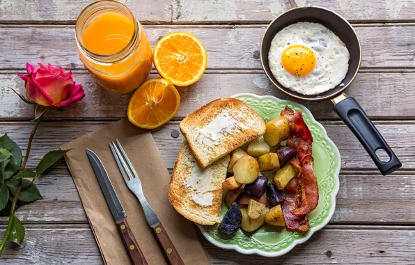 Rose, orange, Breakfast, juice, scrambled eggs, bacon, toast, potatoes