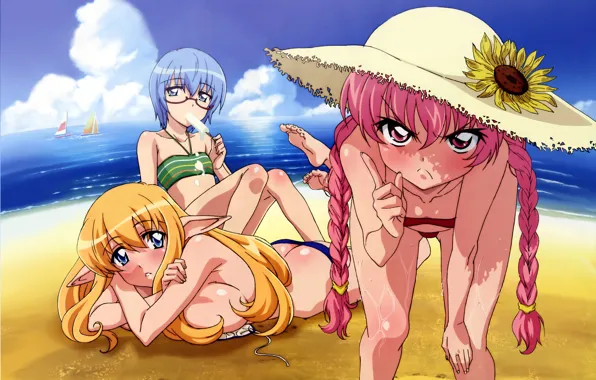 Sea, beach, girls, hat, swimwear, ice cream, zero no tsukaima, Improvised Louise The Zero