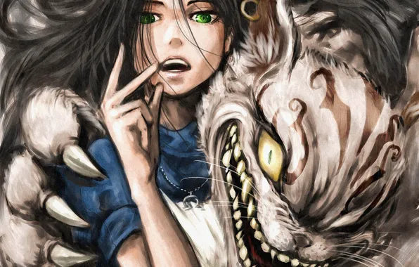 Picture cat, girl, anime, art, claws, Alice in Wonderland, alice, alice: madness returns