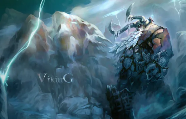 Snow, mountains, lightning, warrior, art, horns, Viking