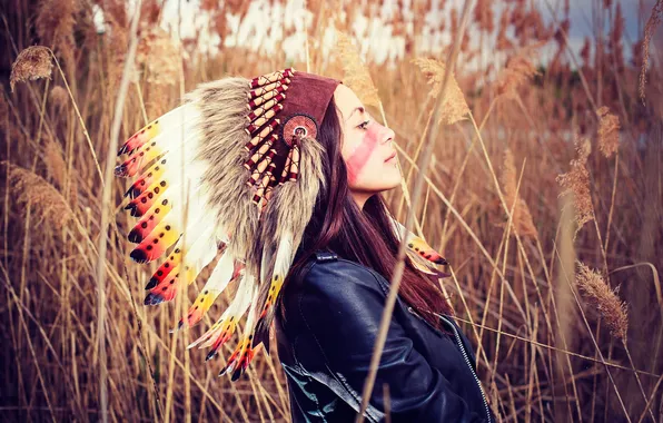 Girl, face, feathers, reed, leather jacket, paint, headdress