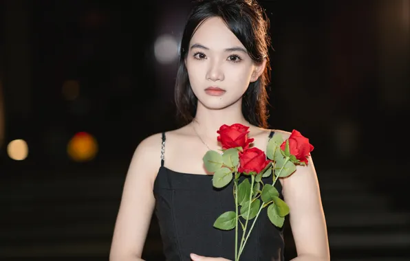 Beautiful, Asian, Model, Flower, Rose, Night, Roses, Woman