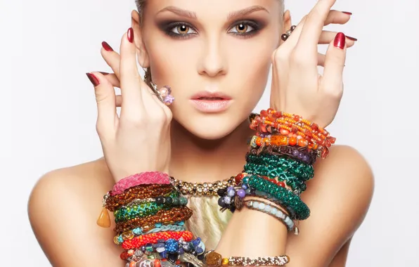 Picture look, background, hands, makeup, bracelets, brown eyes, girl. model