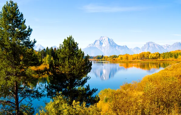 Autumn, the sky, clouds, trees, mountains, lake, USA, Wyoming