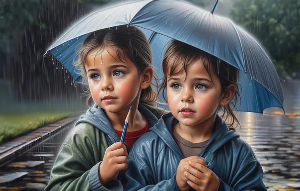Look, children, umbrella, rain, street, girls, portrait, umbrella