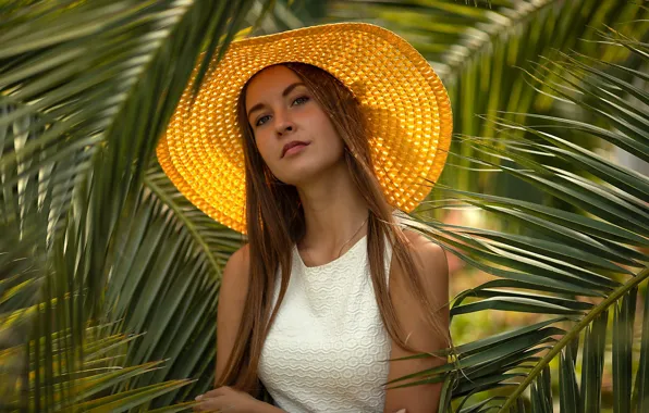 Picture leaves, girl, Palma, hat, brown hair, Irina Kharitonova