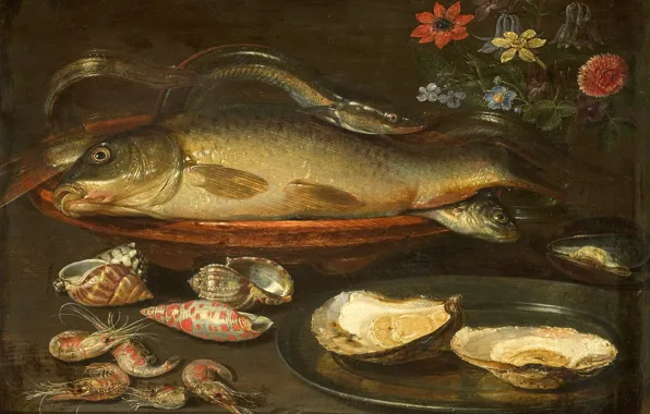 Flowers, tree, oil, picture, Clara Peters, Still life with Fish, Oysters and Shrimp