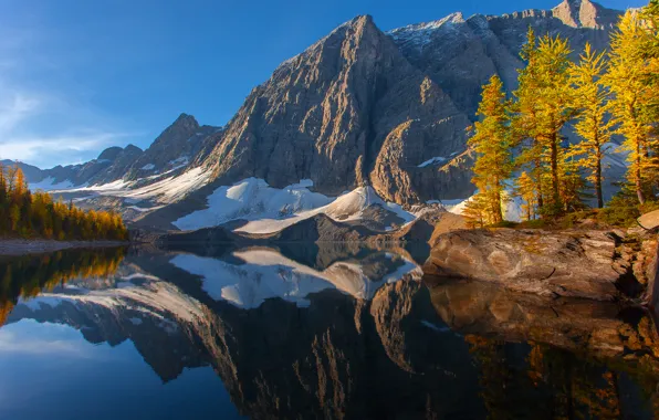 Autumn, the sky, snow, trees, mountains, lake, reflection, Canada