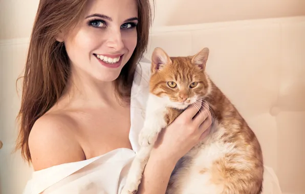Cat, girl, smile, makeup, hairstyle, red, brown hair, beautiful