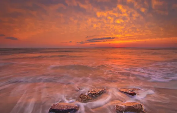 Sea, the sky, clouds, sunset, stones, horizon