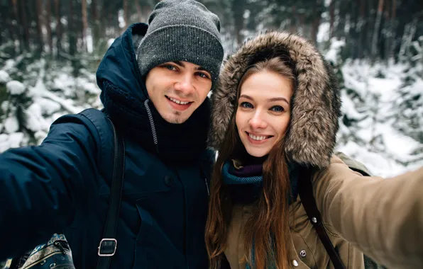 Winter, forest, snow, trees, nature, Park, pair, caps