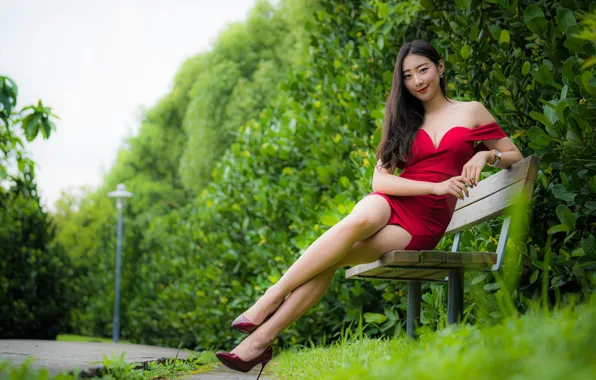 Girl, smile, Park, hair, dress, legs, Asian, bench