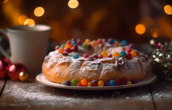 Balls, lights, Board, Christmas, pie, Cup, New year, dessert