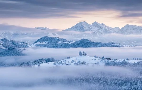Picture winter, snow, mountains, Slovenia, Church of St. Thomas