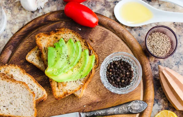 Sandwich, tomato, spices, avocado, toast