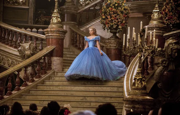 Picture candles, dress, ladder, hall, Cinderella, Lily James, Lily James