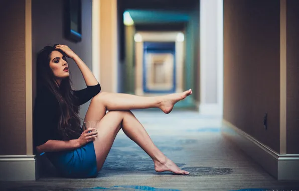 Picture girl, glass, barefoot, legs, photographer, sitting, Aaron Woodall