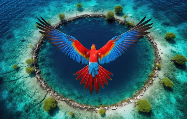Picture the ocean, bird, island, parrot, digital art, digital art, artificial intelligence, AI Art