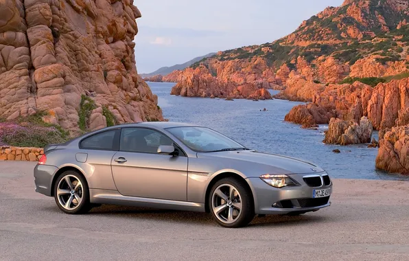 Picture Water, Sea, Mountains, Rocks, BMW, Machine, Grey, Coupe