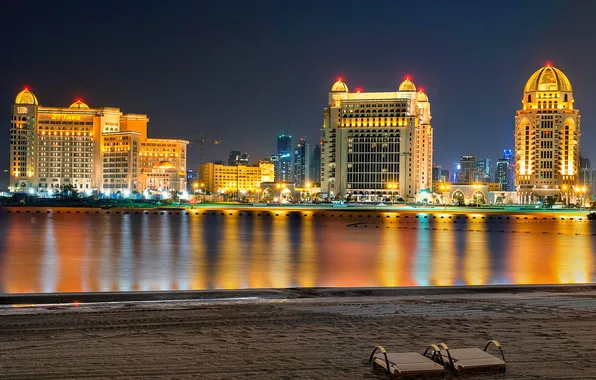 Sand, beach, the sky, night, lights, reflection, home