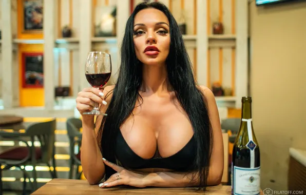 Chest, look, girl, wine, glass, bottle, brunette, long hair