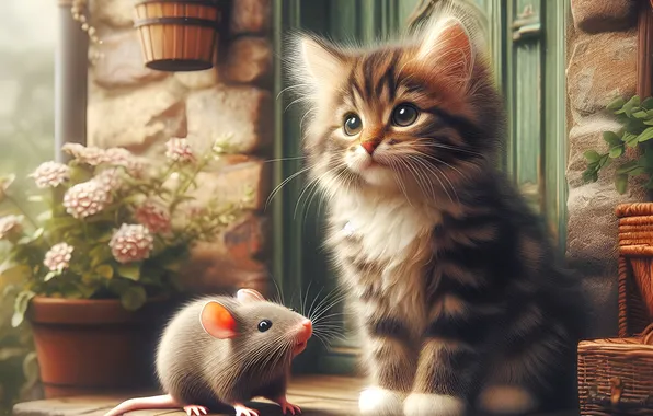Cat, look, flowers, pose, house, kitty, grey, mouse