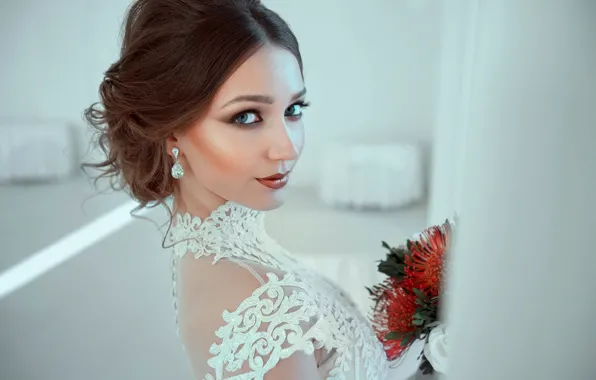 Look, flowers, model, portrait, makeup, hairstyle, brown hair, beauty